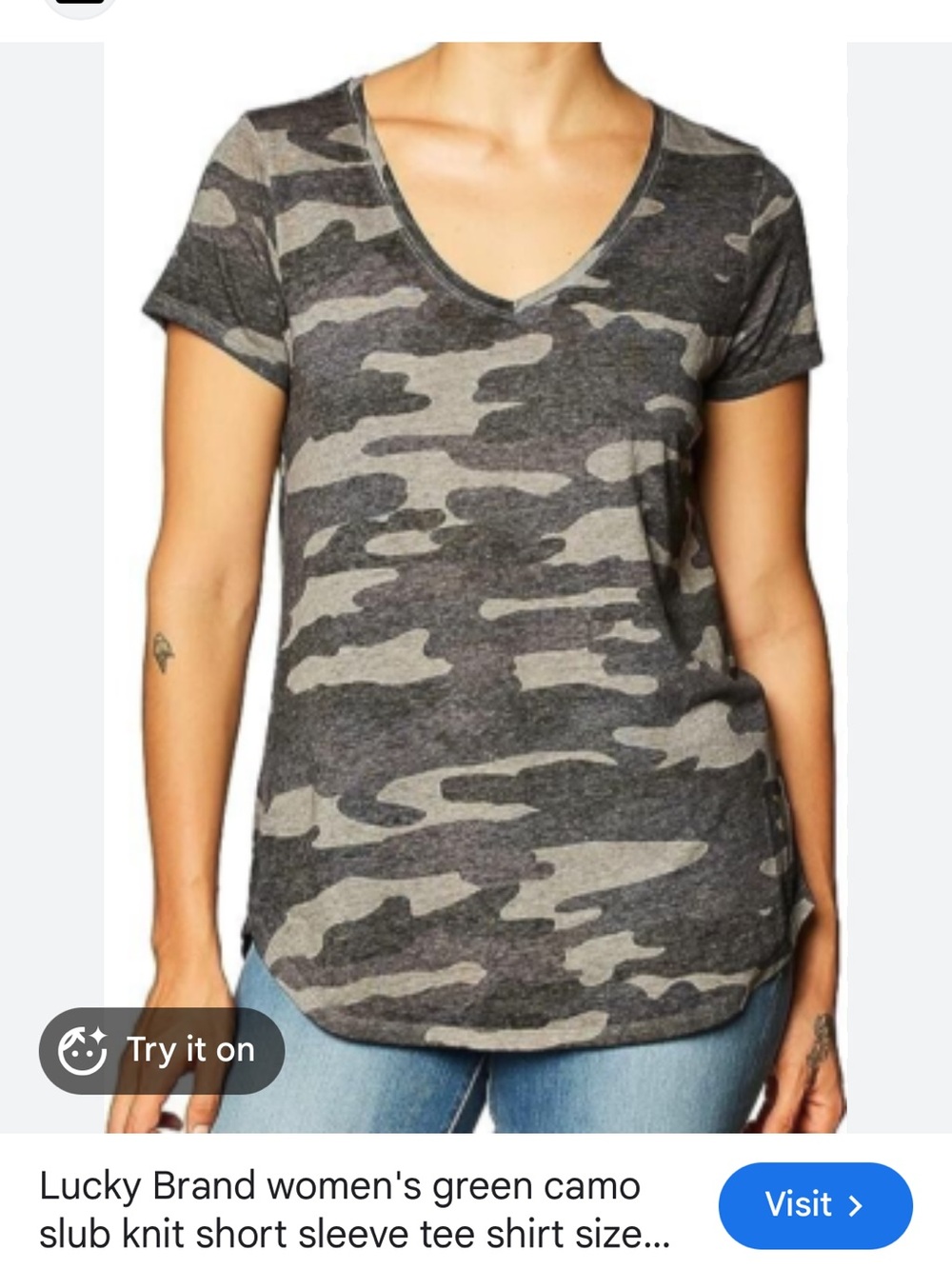 Lucky Brand Gray & Olive Camo V-Neck Short Sleeve Tee